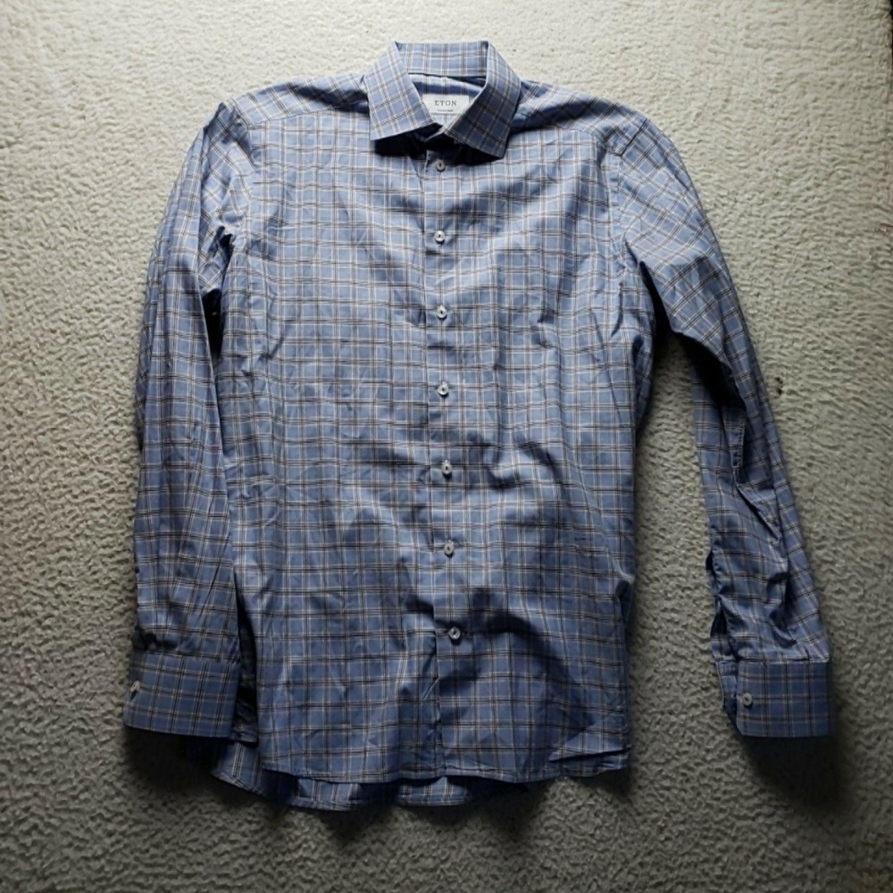 Eton Dress Shirt Mens 16 Blue Plaid Contemporary 100% Cotton Long Sleeve